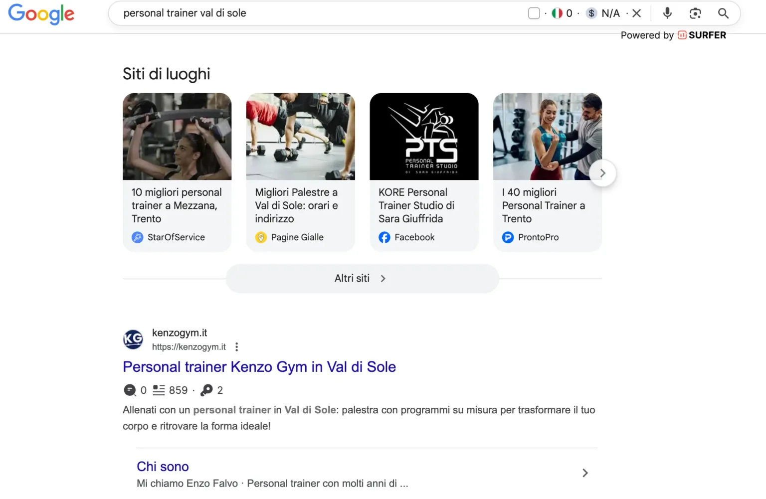 risultati Seo sito di un personal trainer posizionao in prima pagina al primo risultato